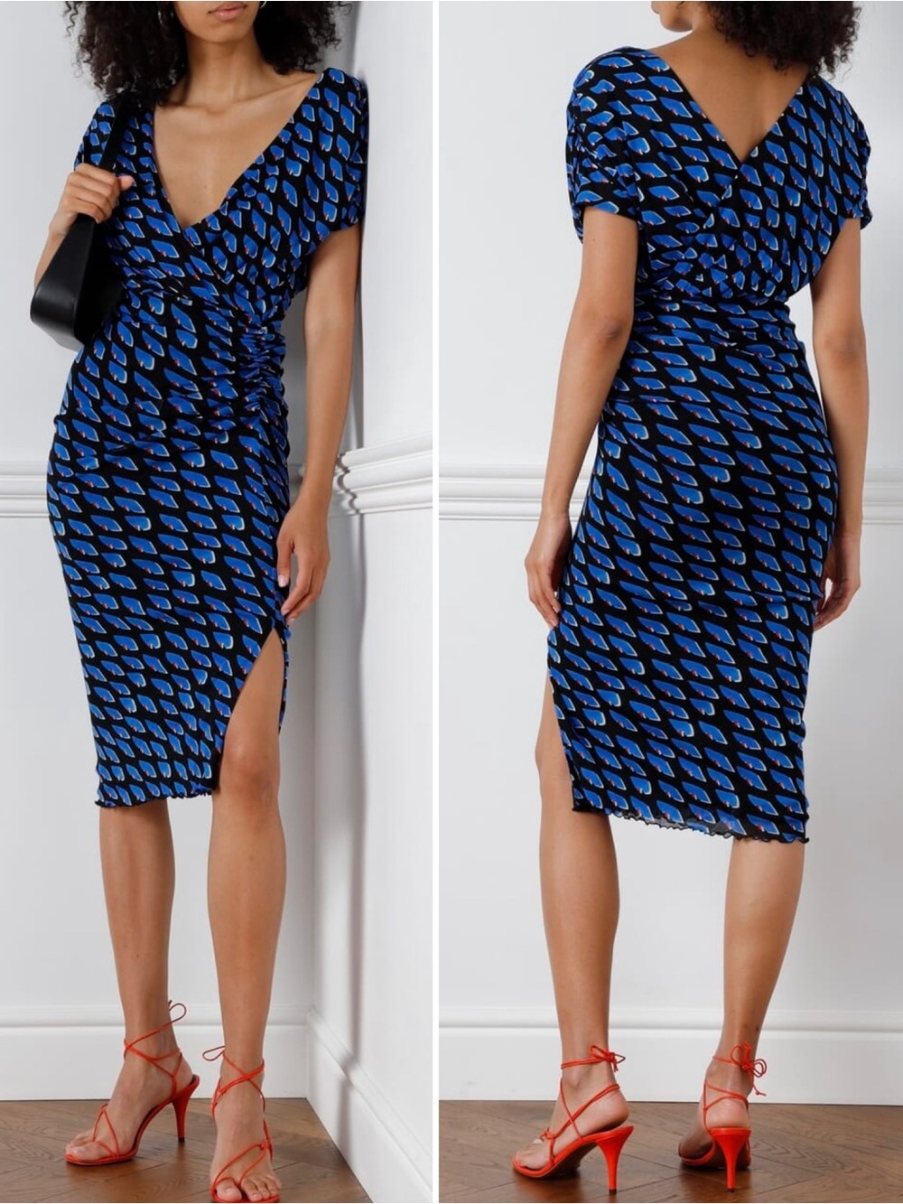 Diane von Furstenberg Women’s Sebastian Mesh Geometric Print V Neck Midi Dress